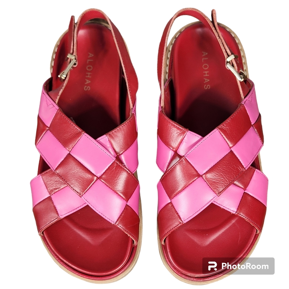 ALOHAS Pink and Red Woven Leather Sandals - Picture 2 of 6